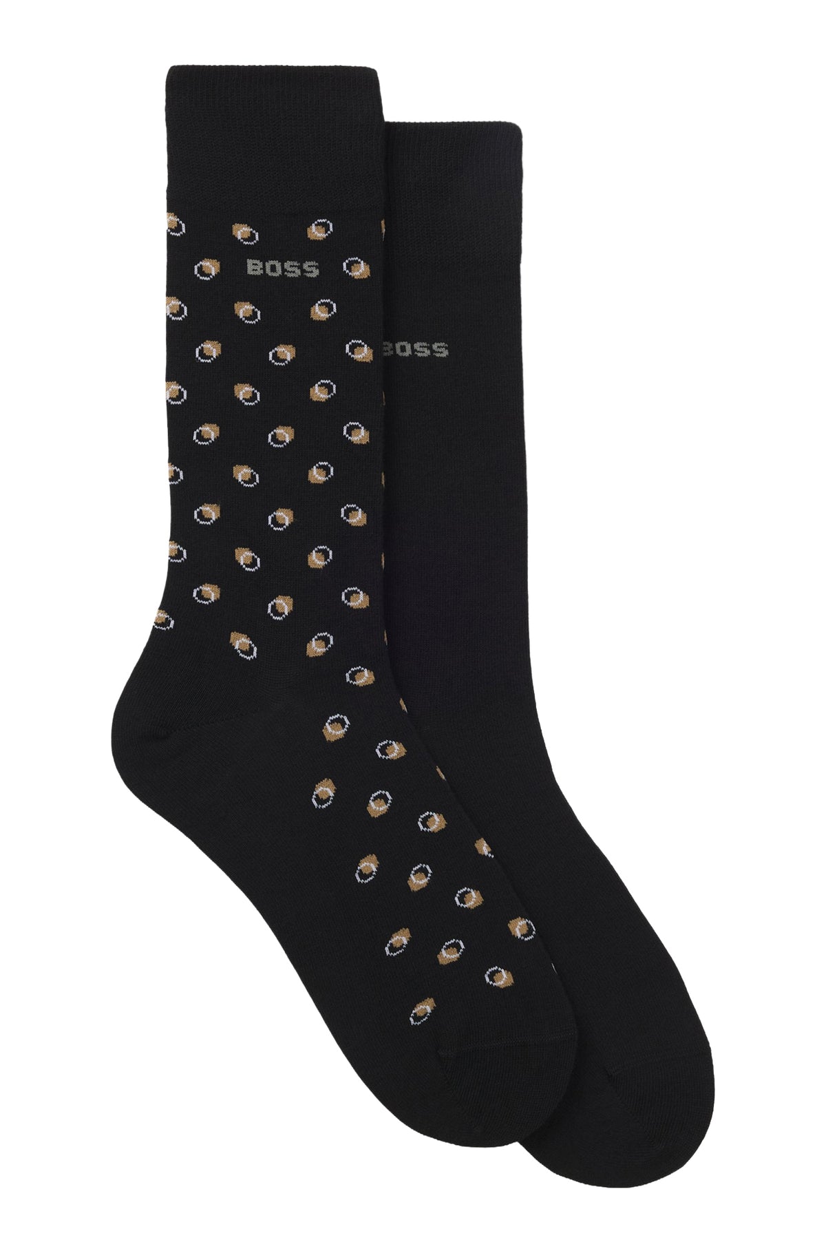 Ensemble de bas mi-mollet noirs, un à motif beige et blanc et un uni avec logo BOSS, vue produit pour homme par HUGO BOSS