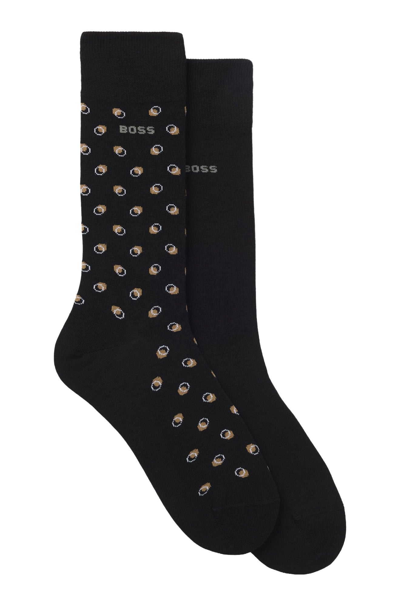 Ensemble de bas mi-mollet noirs, un à motif beige et blanc et un uni avec logo BOSS, vue produit pour homme par HUGO BOSS