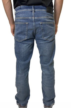 HUGO BOSS men's medium blue washed straight-leg jeans with patch pockets and contrast stitching shown from the back