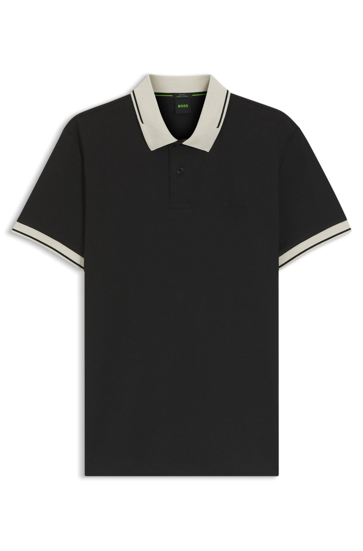Polo noir à manches courtes avec col ivoire, poignets rayés et logo ton sur ton pour homme par HUGO BOSS, vue produit