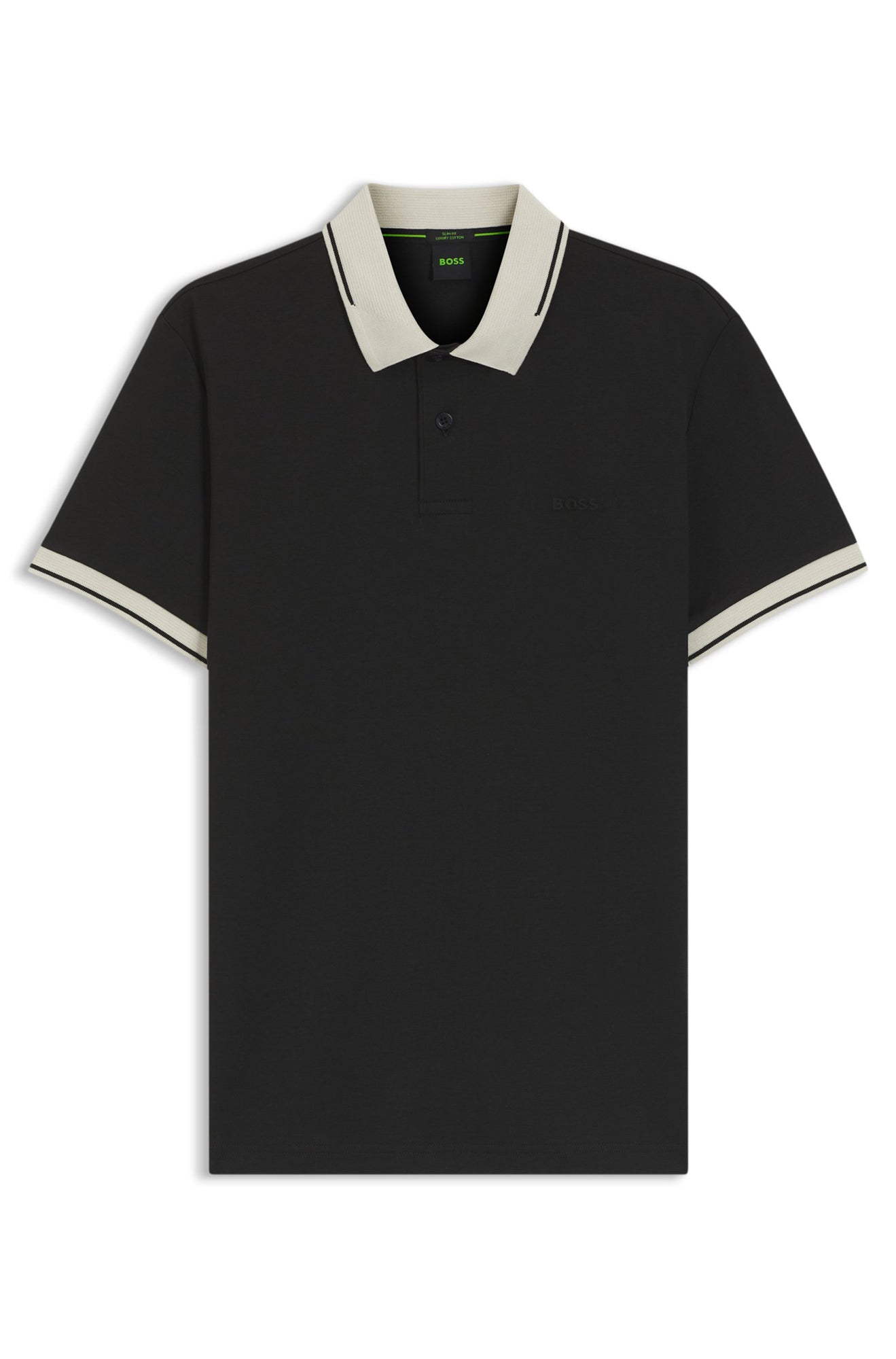 Polo noir à manches courtes avec col ivoire, poignets rayés et logo ton sur ton pour homme par HUGO BOSS, vue produit