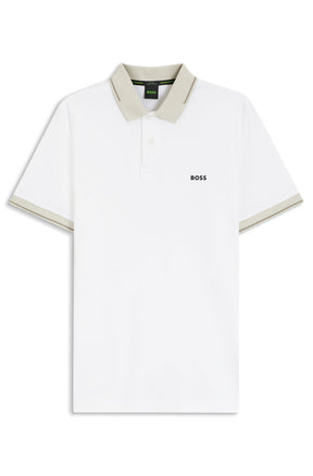 Polo blanc, vue produit de face avec col côtelé beige, bordures aux manches et logo BOSS pour homme par HUGO BOSS
