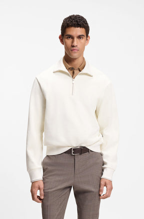 HUGO BOSS men's cream quarter-zip sweatshirt with stand collar and ribbed cuffs, front view