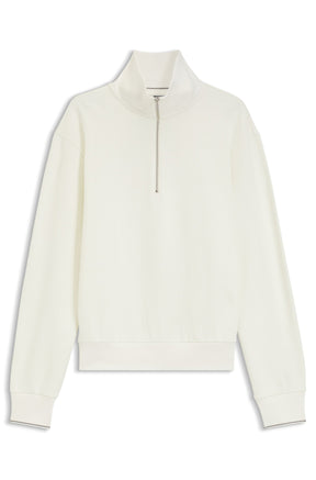 HUGO BOSS men's isolated cream quarter-zip sweatshirt with stand collar, ribbed cuffs and straight hem