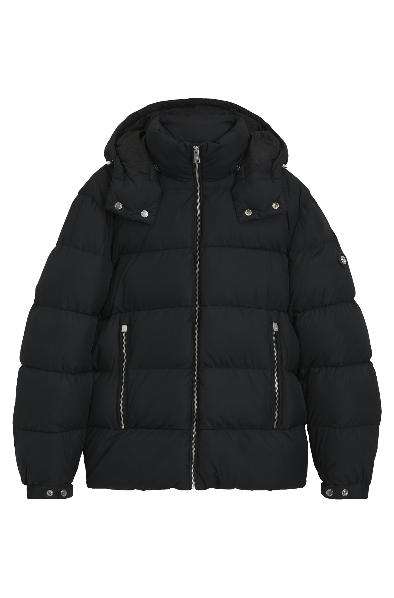 Manteau d’hiver matelassé noir à capuchon, vue avant isolée avec glissière argentée pour homme par HUGO BOSS