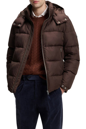 Men's angled front view of the dark brown hooded puffer winter puffer jacket worn open over layered styling by HUGO BOSS