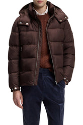 HUGO BOSS men's dark brown hooded puffer winter puffer jacket with horizontal quilting and snap-tab cuffs, front view