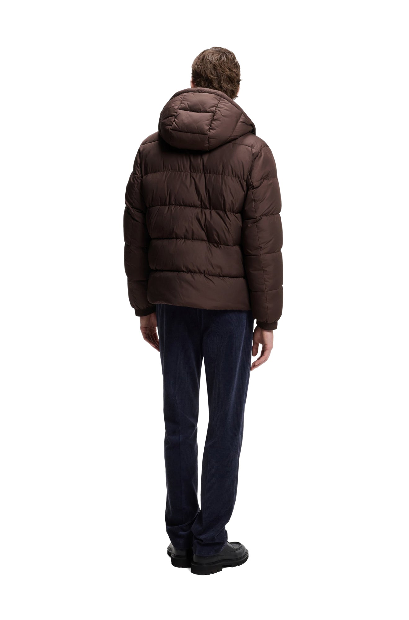 HUGO BOSS men's dark brown hooded puffer winter puffer jacket with horizontal quilting on the body and sleeves, back view