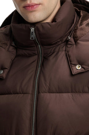 HUGO BOSS men's dark brown puffer winter puffer jacket collar, front zipper, hood snaps, and inner hood lining, close-up