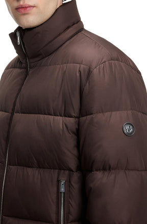 HUGO BOSS men's dark brown puffer winter puffer jacket upper front with sleeve logo patch and zip pocket, close-up