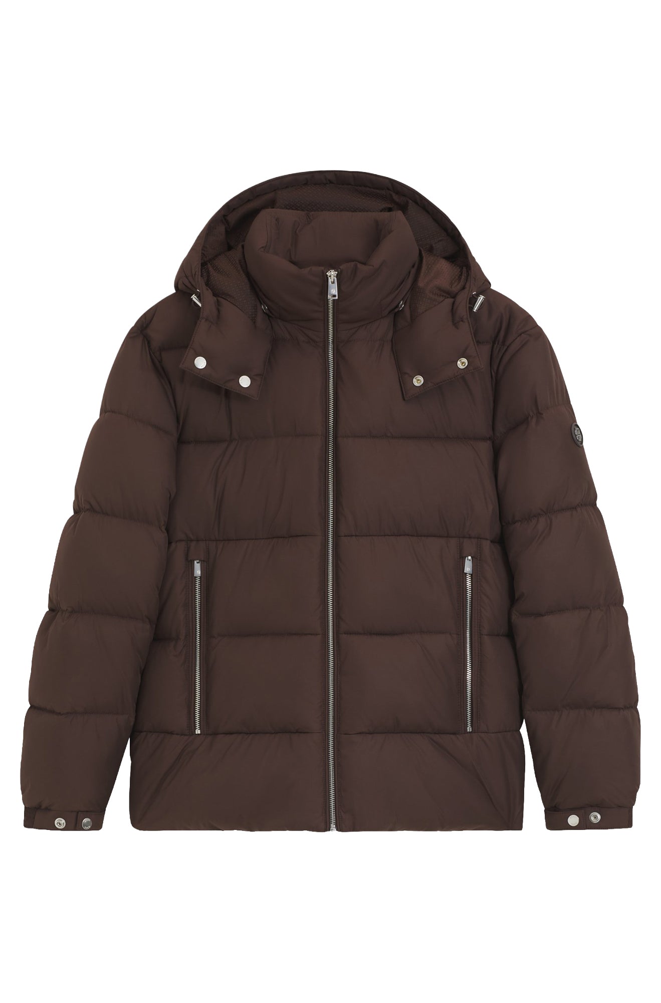 HUGO BOSS men's dark brown hooded puffer winter puffer jacket with silver zipper and zip pockets shown from the front