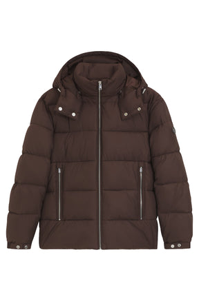 HUGO BOSS men's dark brown hooded puffer winter puffer jacket with silver zipper and zip pockets shown from the front