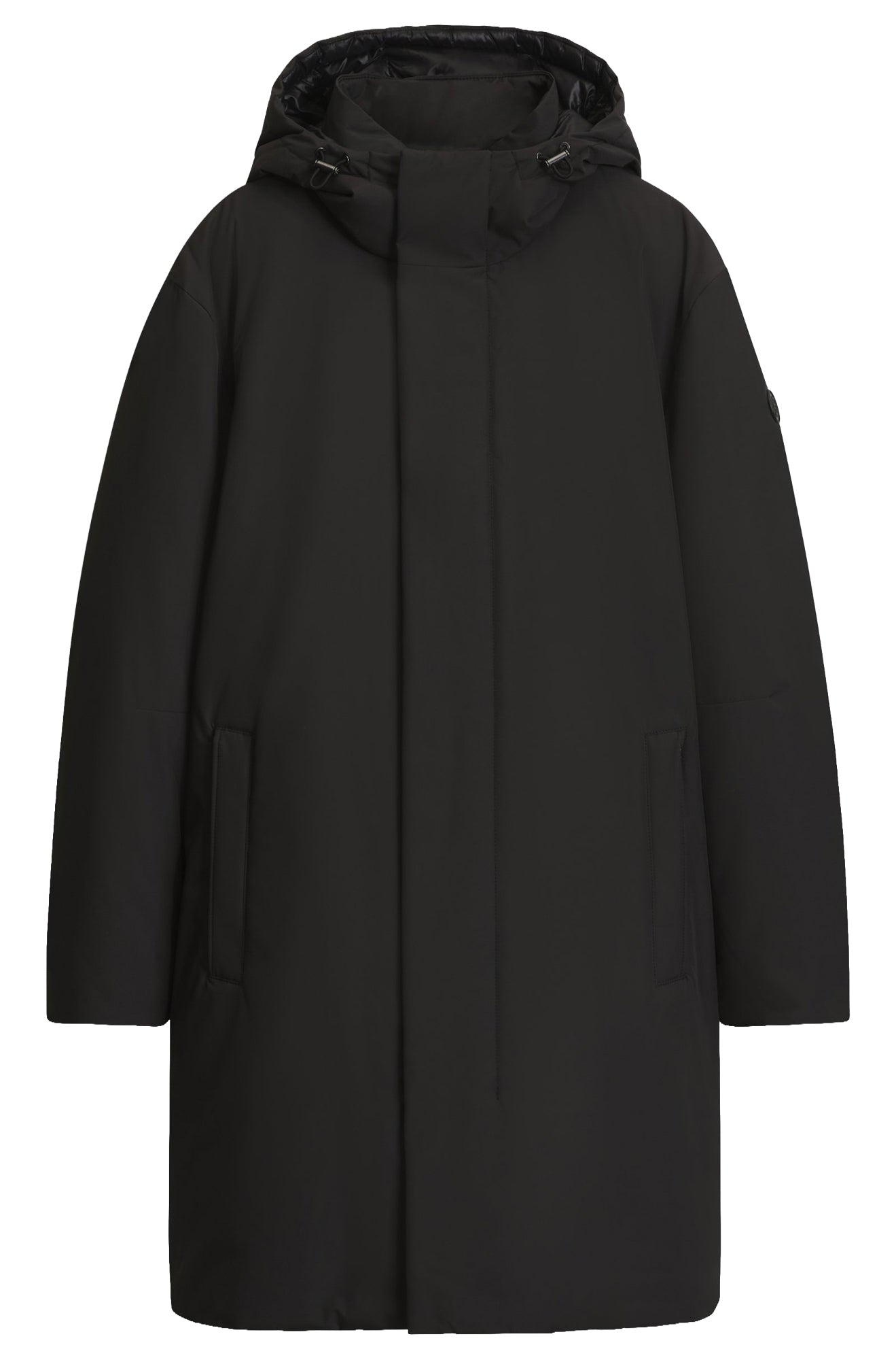 Vue avant du manteau d'hiver noir à capuchon avec patte dissimulée et poches verticales pour homme par HUGO BOSS