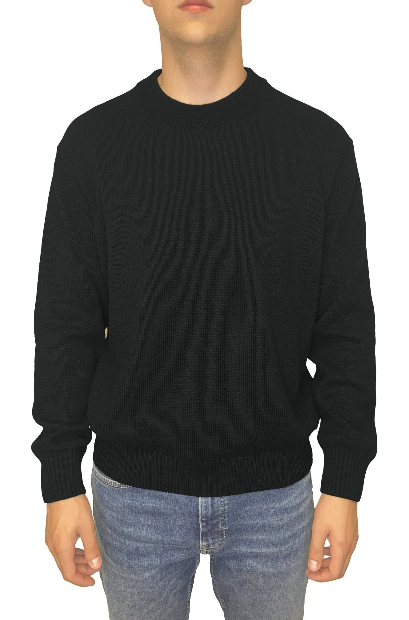 Chandail en tricot à manches longues noir à col rond avec poignets et ourlet côtelés pour homme par HUGO BOSS, vue de face