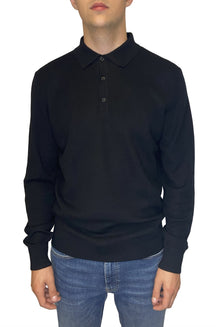 Polo noir en tricot à manches longues avec col et patte à trois boutons pour homme par HUGO BOSS, vue de face