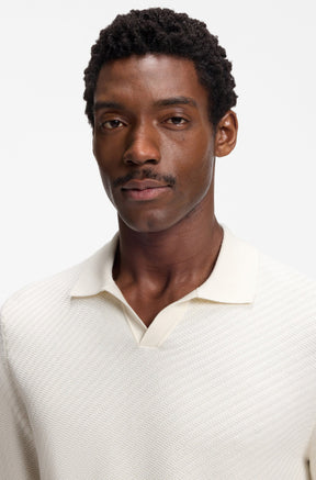 HUGO BOSS men's cream textured knit polo long-sleeve knit sweater collar with open V placket, close view