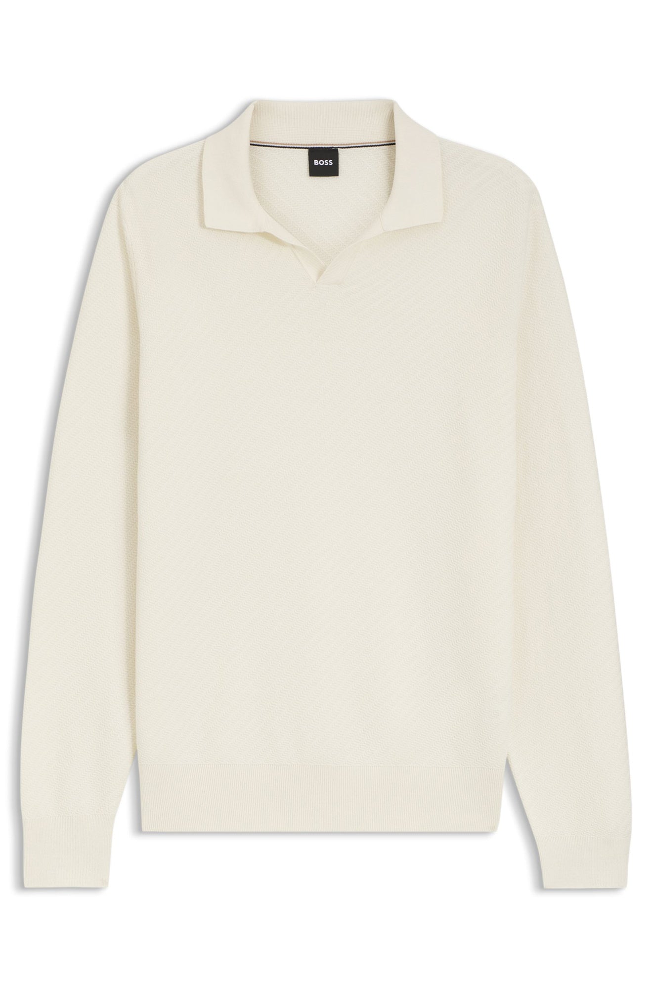 Men's cream long sleeve knit polo sweater, isolated front view with ribbed hem and open collar by HUGO BOSS
