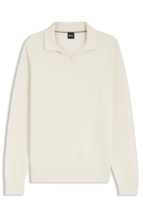Men's cream long sleeve knit polo sweater, isolated front view with ribbed hem and open collar by HUGO BOSS