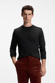 T-Shirt noir à manches longues, col rond côtelé et fin liseré beige pour homme par HUGO BOSS, vue de face