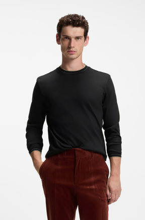 HUGO BOSS men's black long sleeve T-Shirt with ribbed crewneck and thin beige trim, front view