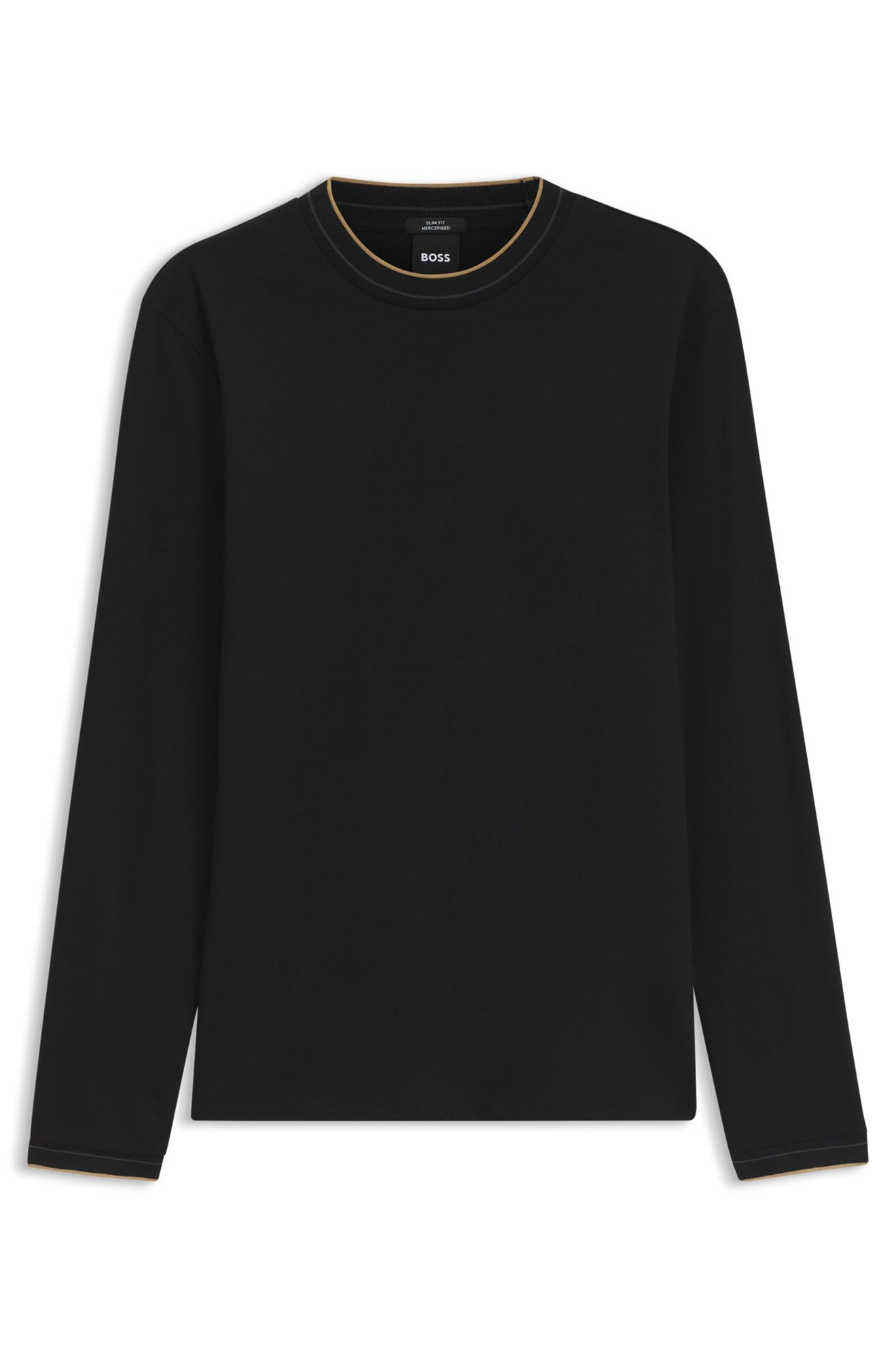 HUGO BOSS men's black long sleeve T-Shirt with ribbed crewneck and visible BOSS neck label, product view