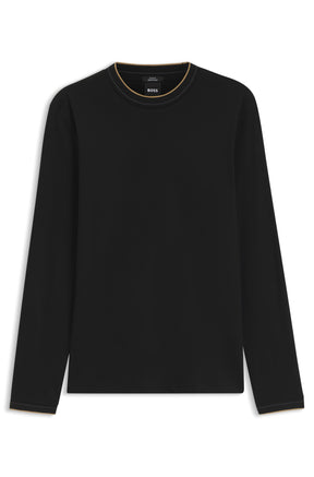 HUGO BOSS men's black long sleeve T-Shirt with ribbed crewneck and visible BOSS neck label, product view
