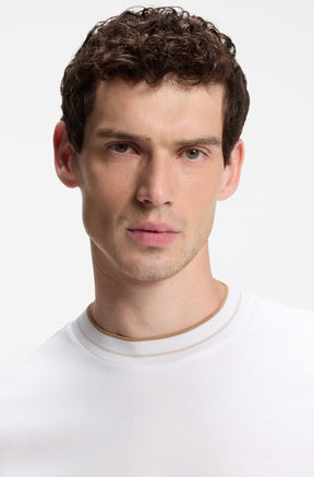 HUGO BOSS men's white crewneck Long-sleeve T-Shirt showing ribbed collar with thin beige trim, close-up