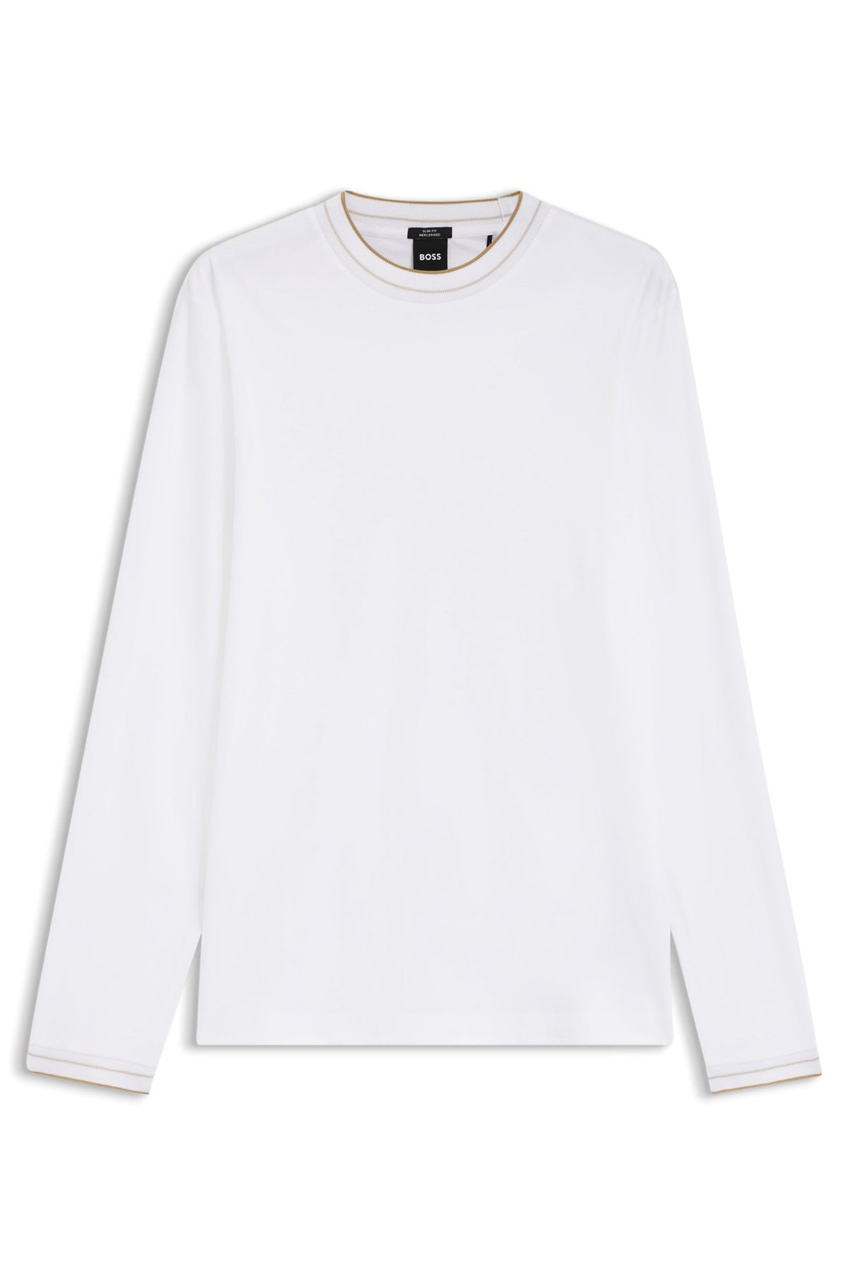 T-Shirt blanc à manches longues isolé de face, avec col côtelé et bordures beiges pour homme par HUGO BOSS