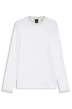 Men's white long sleeve crewneck T-Shirt front view, with beige tipped ribbed collar and sleeve hems by HUGO BOSS