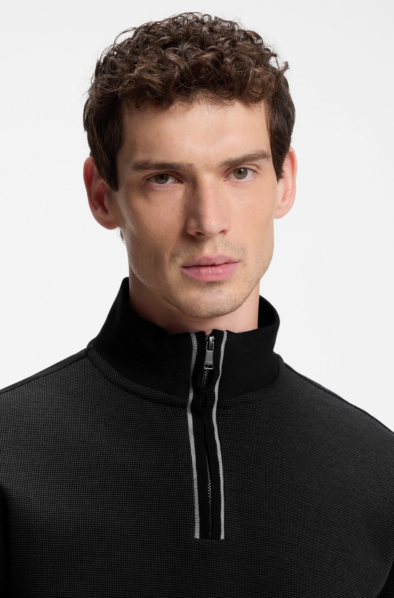 Men's black quarter-zip sweatshirt, detail view by HUGO BOSS