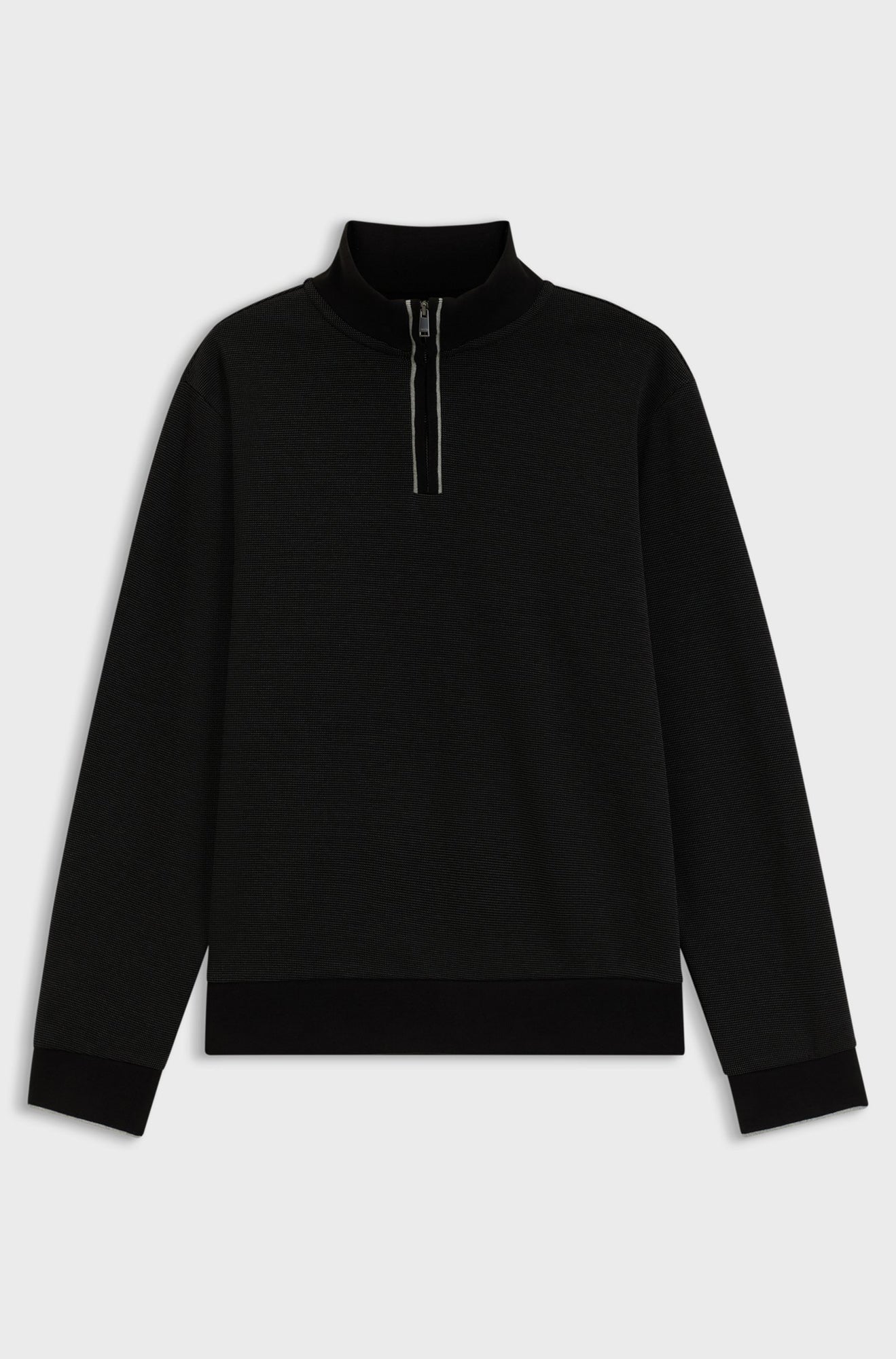 HUGO BOSS men's black quarter-zip sweatshirt with fine texture and ribbed cuffs shown from the front