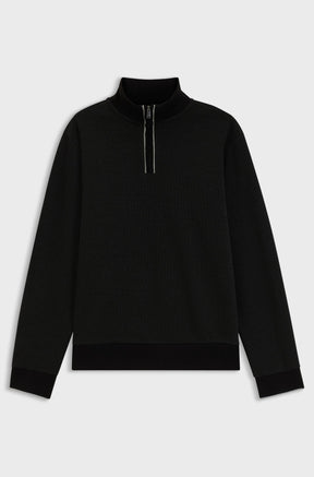 HUGO BOSS men's black quarter-zip sweatshirt with fine texture and ribbed cuffs shown from the front