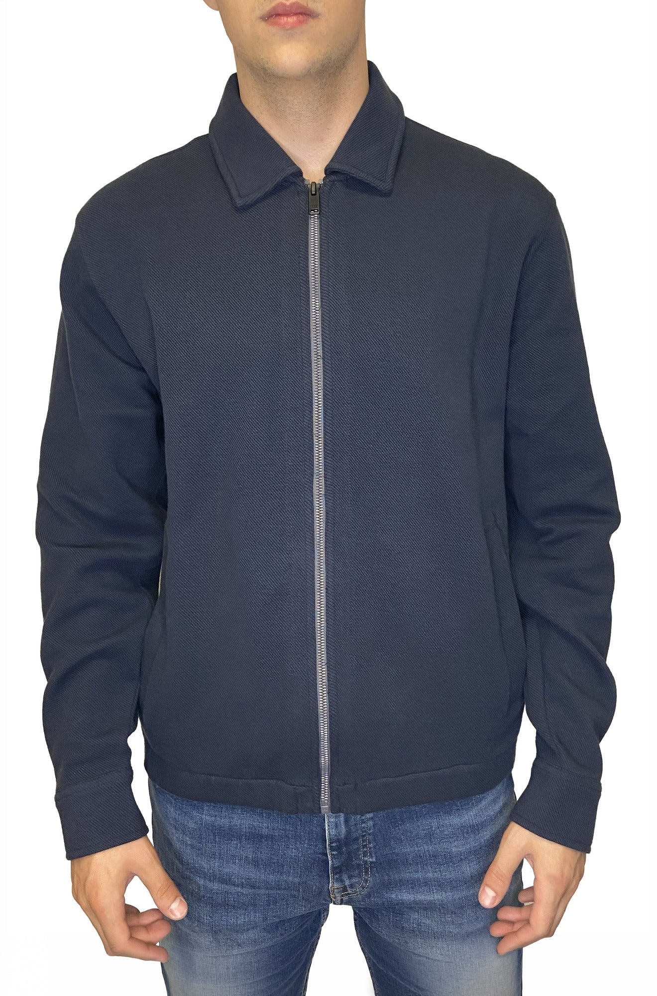 HUGO BOSS men's navy full-zip collared sweatshirt with textured fabric and ribbed hem, front view