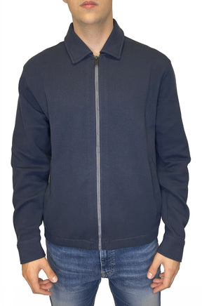HUGO BOSS men's navy full-zip collared sweatshirt with textured fabric and ribbed hem, front view