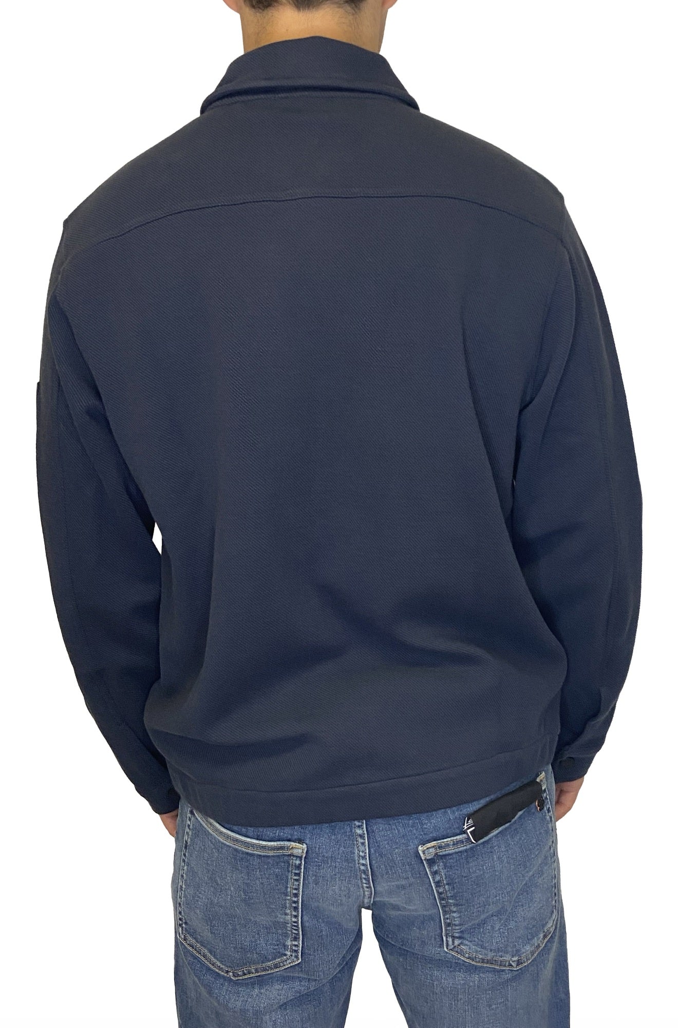 HUGO BOSS men's navy full-zip sweatshirt showing fold-down collar, seam lines, and ribbed hem, back view
