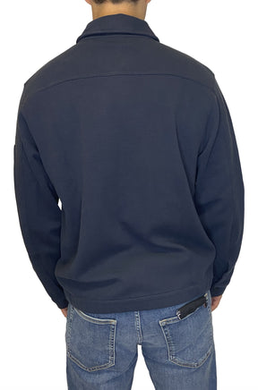 HUGO BOSS men's navy full-zip sweatshirt showing fold-down collar, seam lines, and ribbed hem, back view