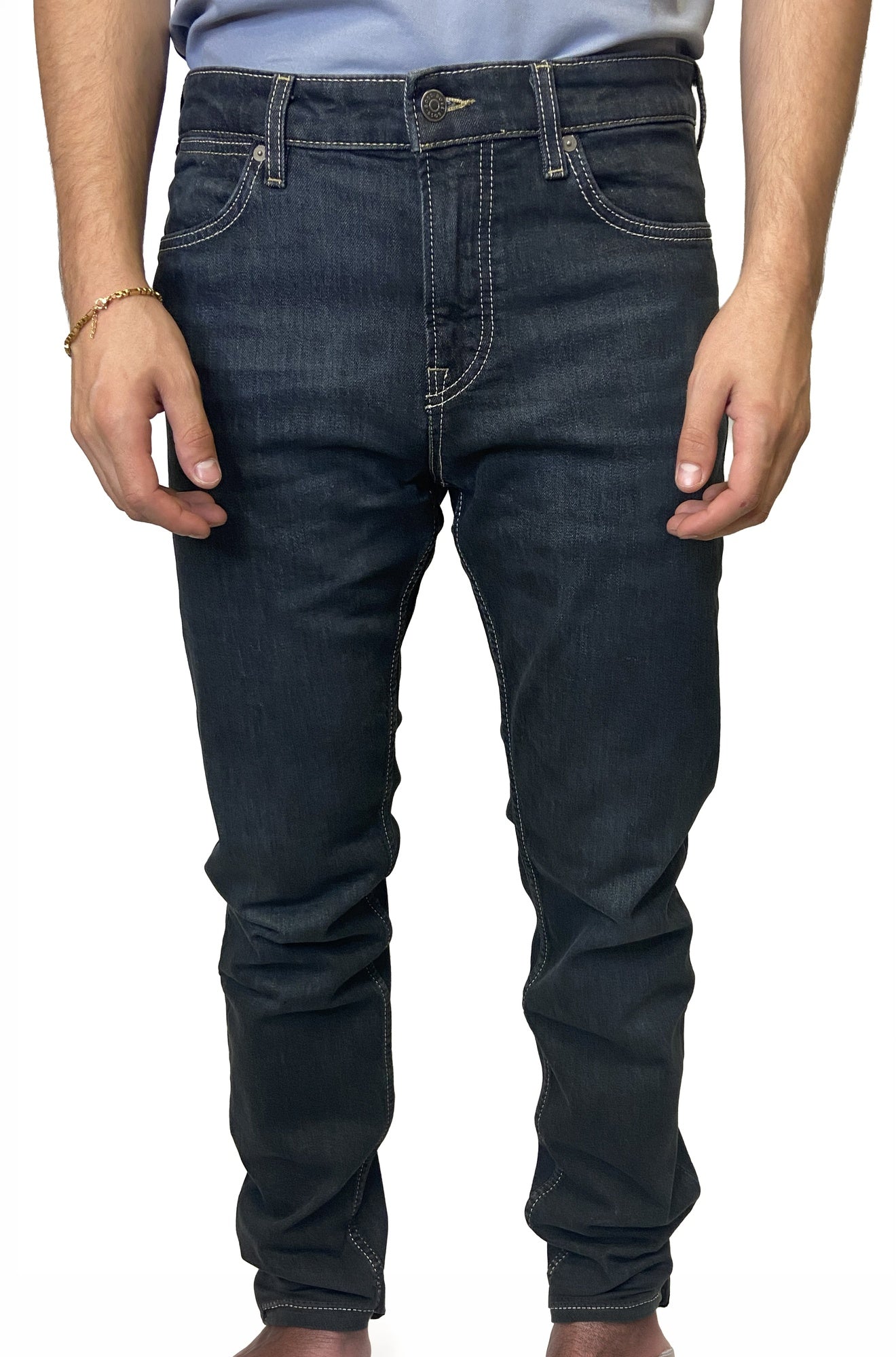 HUGO BOSS men's dark indigo straight-leg jeans with button fly, curved pockets, and contrast stitching, front view