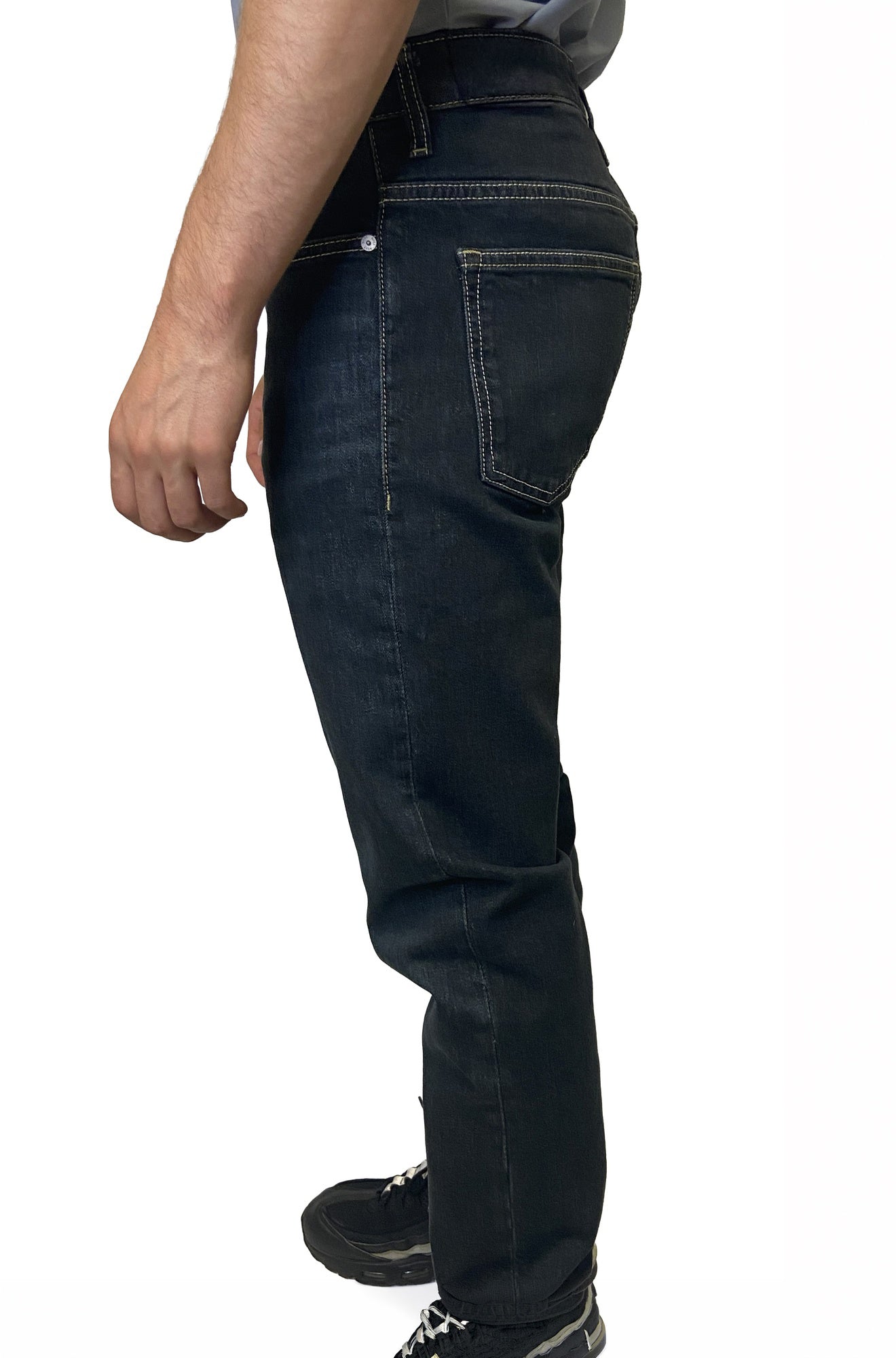 HUGO BOSS men's dark indigo straight-leg jeans with contrast stitching, belt loop, and back pocket detail, side view
