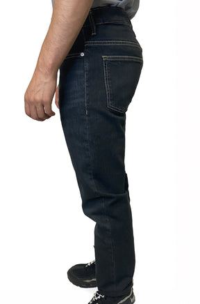 HUGO BOSS men's dark indigo straight-leg jeans with contrast stitching, belt loop, and back pocket detail, side view