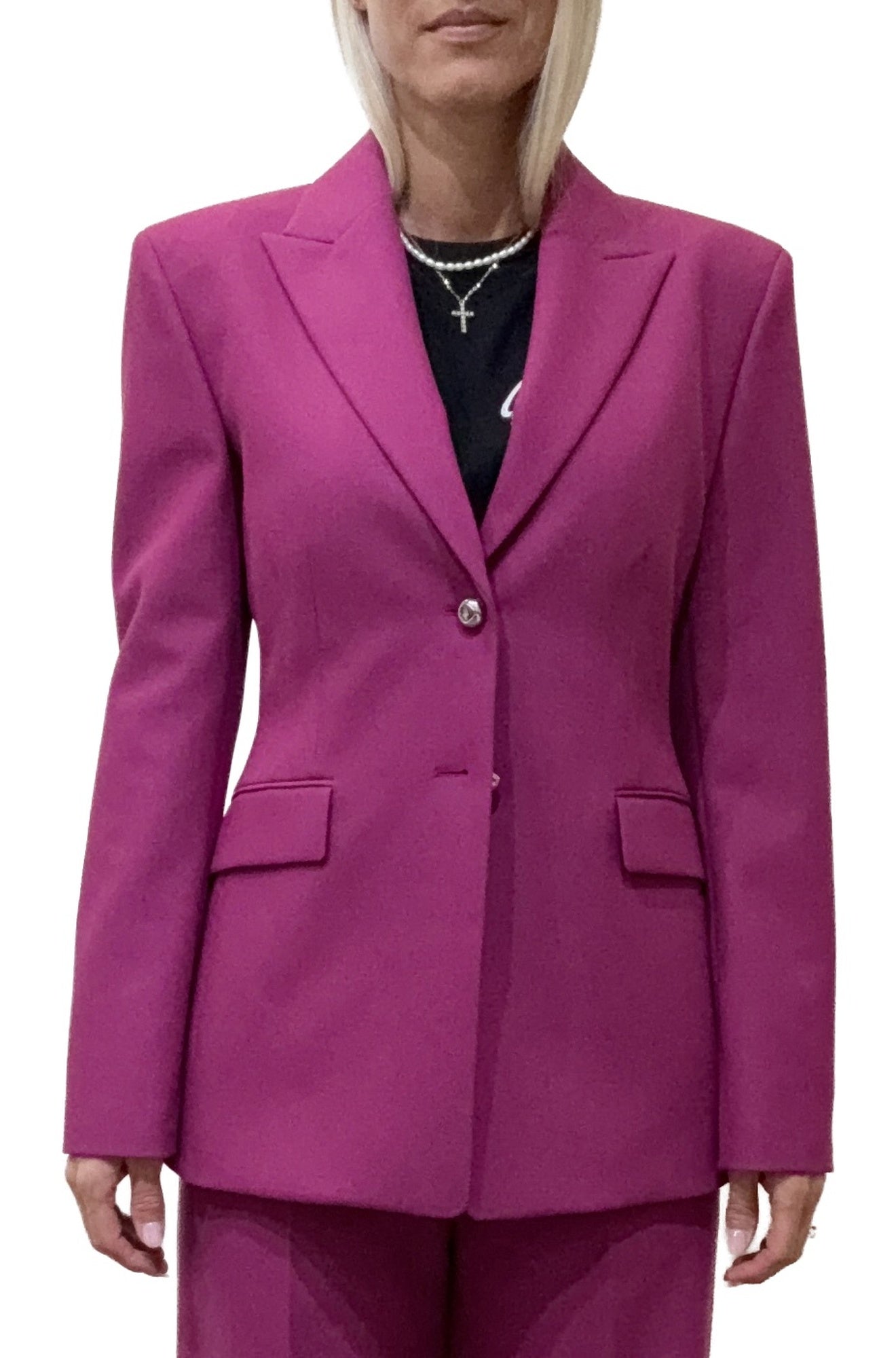 Front view of women's magenta blazer with peak lapels, silver buttons, and flap pockets by HUGO BOSS
