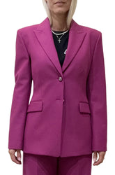 Front view of women's magenta blazer with peak lapels, silver buttons, and flap pockets by HUGO BOSS