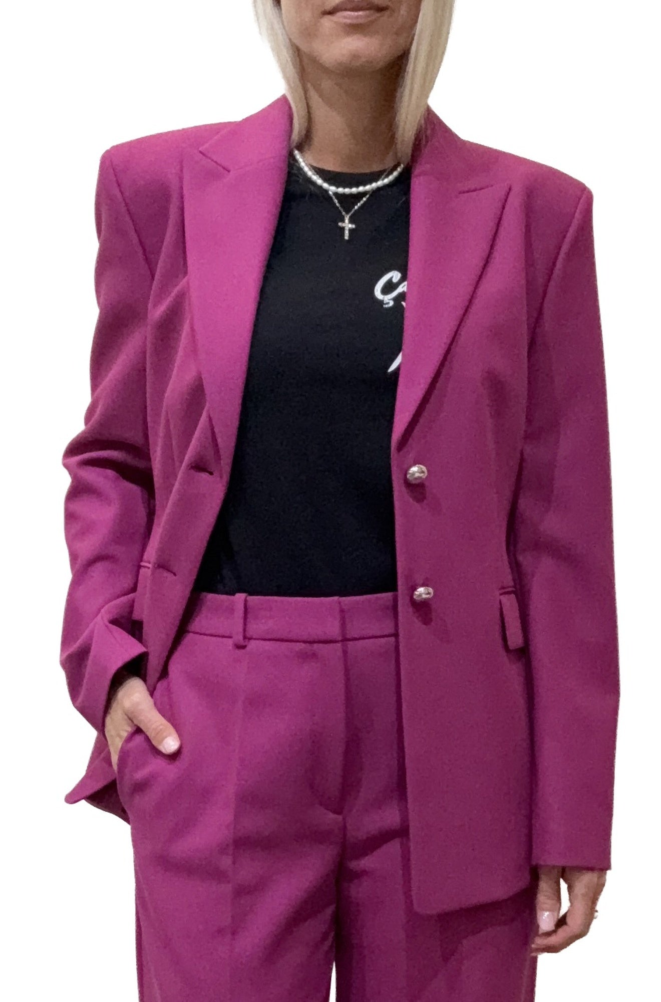 Women's three-quarter front view of a magenta blazer worn open, with silver buttons visible by HUGO BOSS