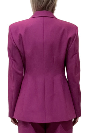 HUGO BOSS women's magenta blazer with structured shoulders, center seam, and straight hem shown from the back