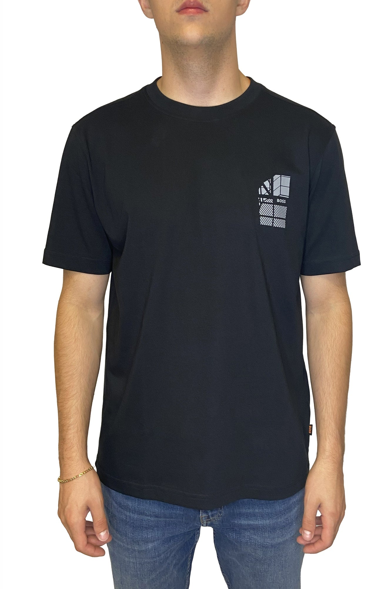 HUGO BOSS men's black short sleeve crewneck T-Shirt with small grey BOSS geometric chest graphic, front view
