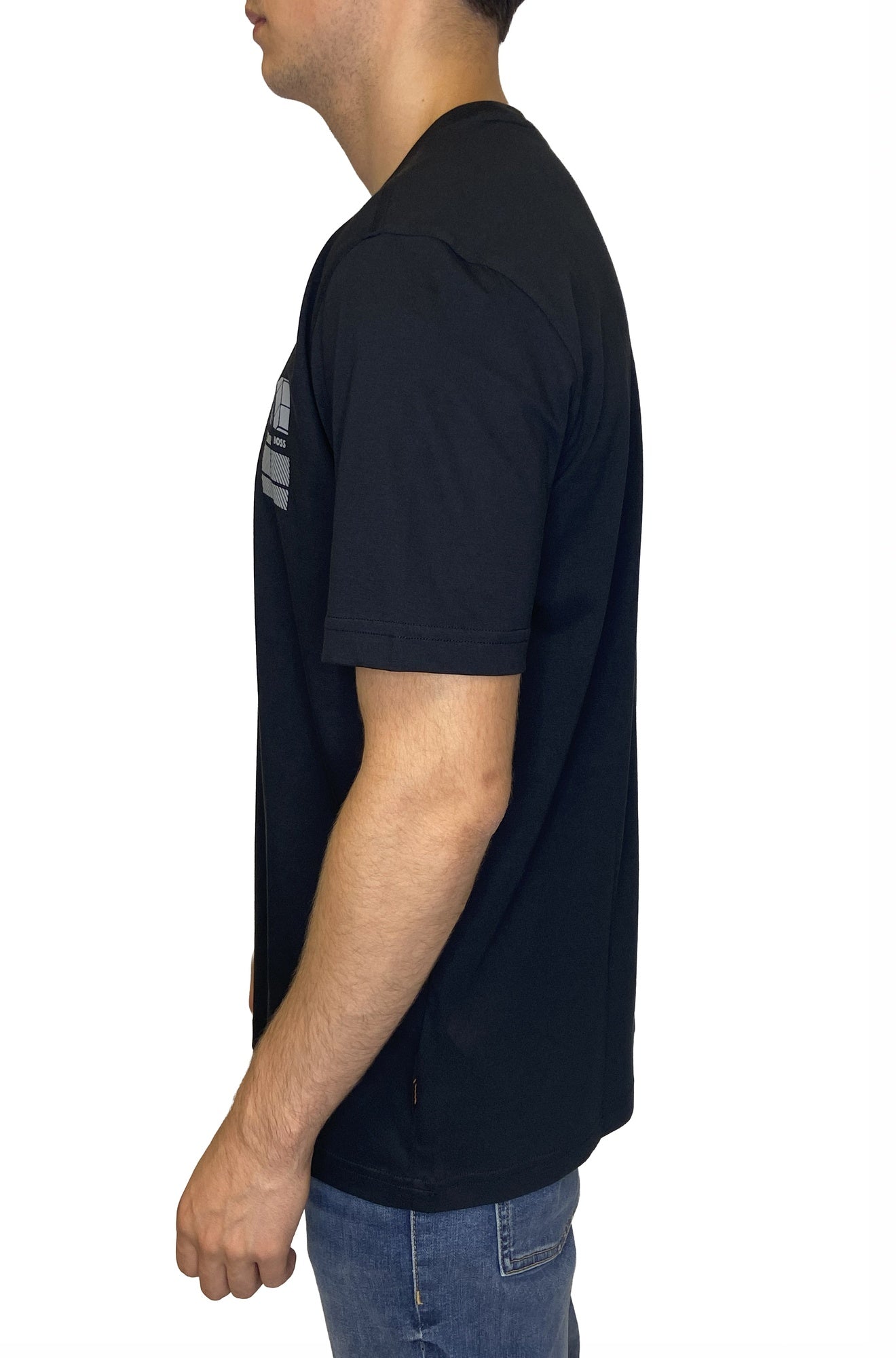 HUGO BOSS men's black Short-sleeve T-Shirt with partial grey chest graphic and stitched sleeve hem shown from the side