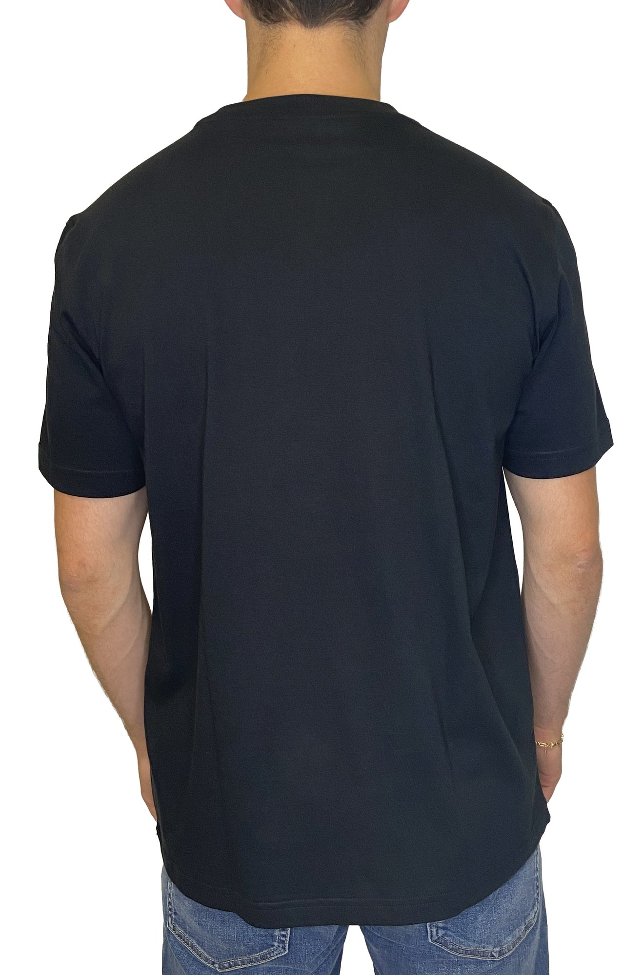 HUGO BOSS men's plain black Short-sleeve T-Shirt with crewneck and straight stitched hem shown from the back