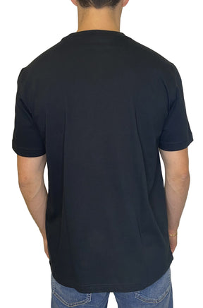 HUGO BOSS men's plain black Short-sleeve T-Shirt with crewneck and straight stitched hem shown from the back