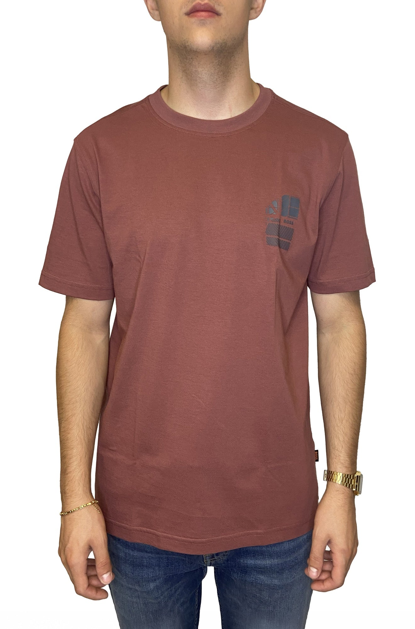 HUGO BOSS men's dusty rose short sleeve crewneck T-Shirt with small dark chest logo graphic, front view