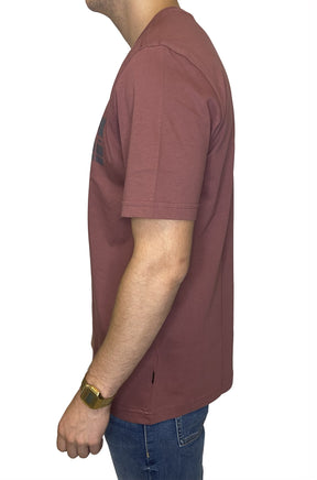 HUGO BOSS men's dusty rose Short-sleeve T-Shirt showing sleeve hem and small side seam tag, side view
