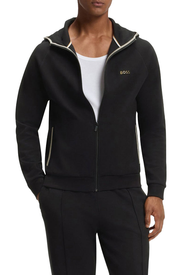 Veste à zip à capuchon noir zippé avec bordure aux poches et petit logo doré pour homme par HUGO BOSS, vue de face